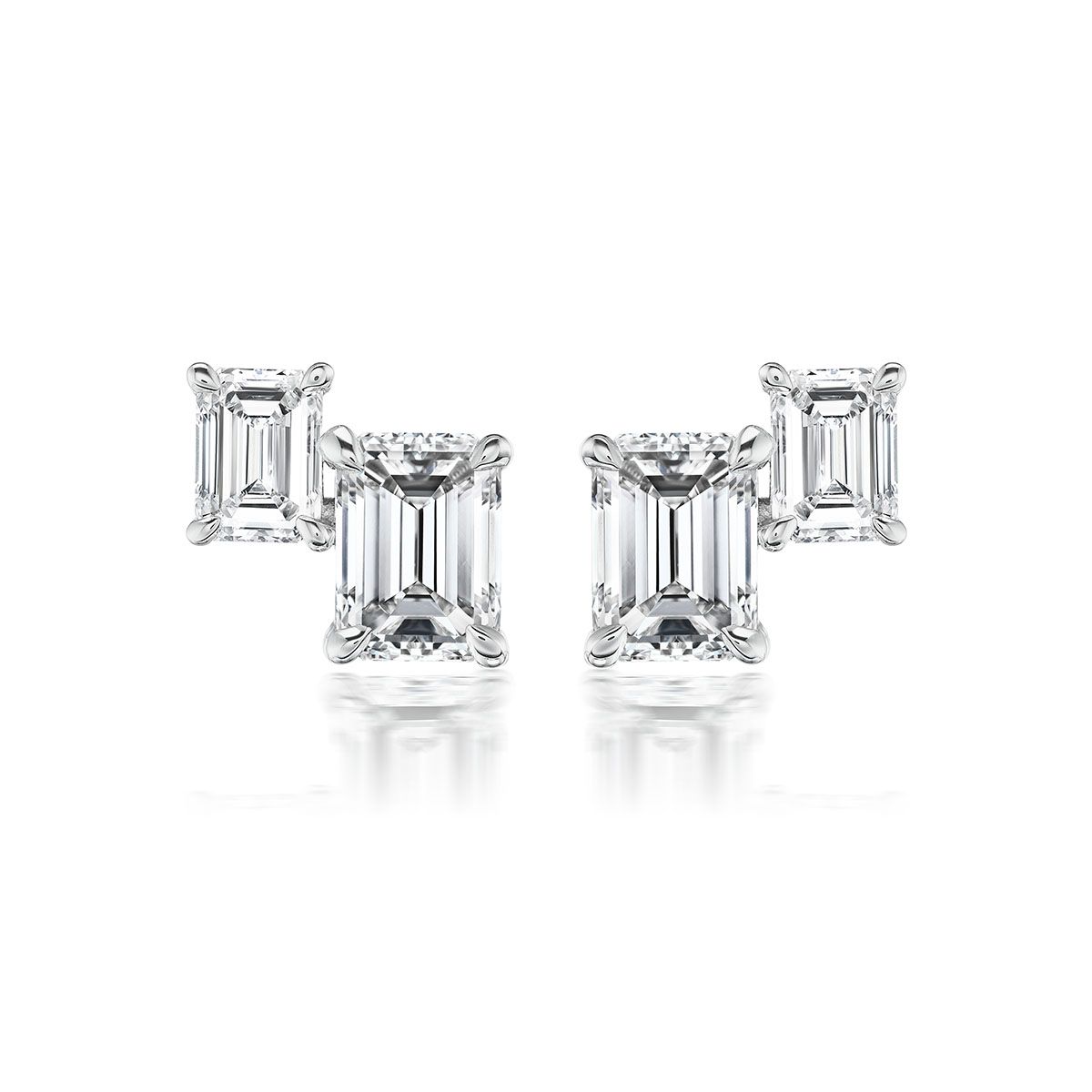 18K White Double Emerald Diamond Stud Earrings