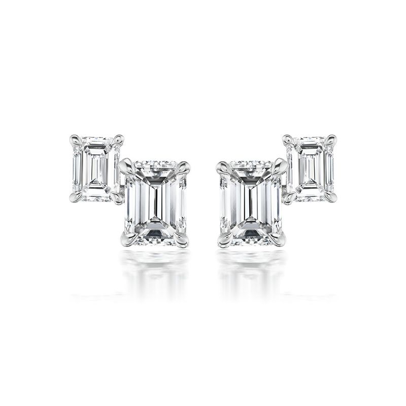 18K White Double Emerald Diamond Stud Earrings