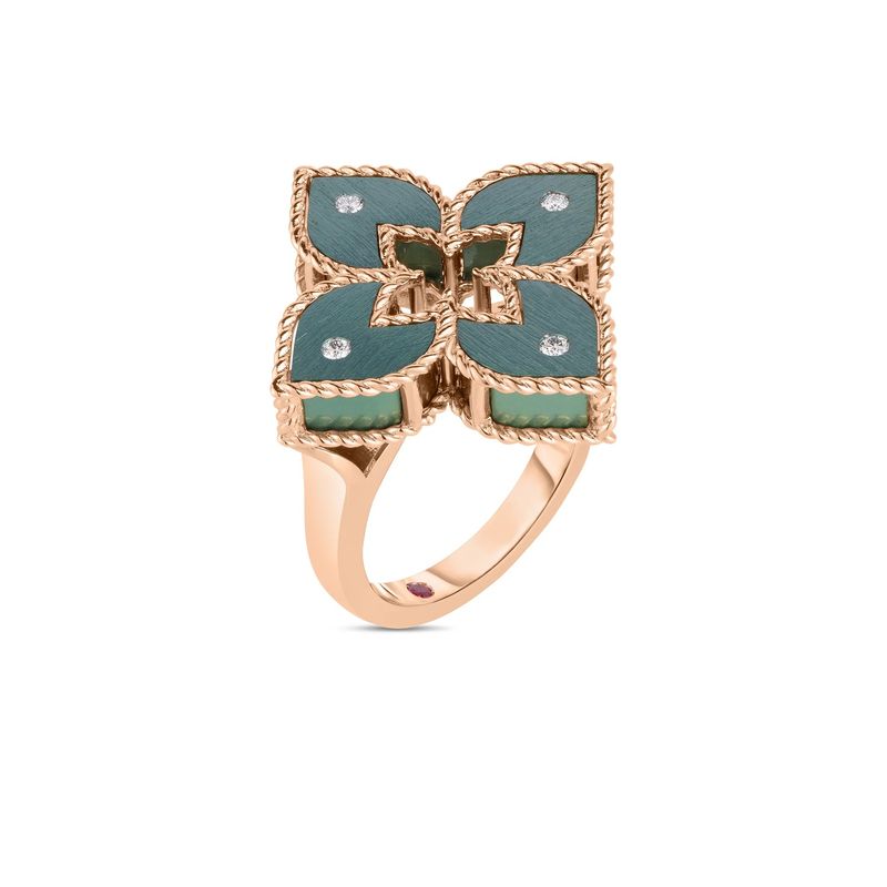 18K Rose Gold Venetian Princess Diamond &amp; Green Titanium Small Flower Ring