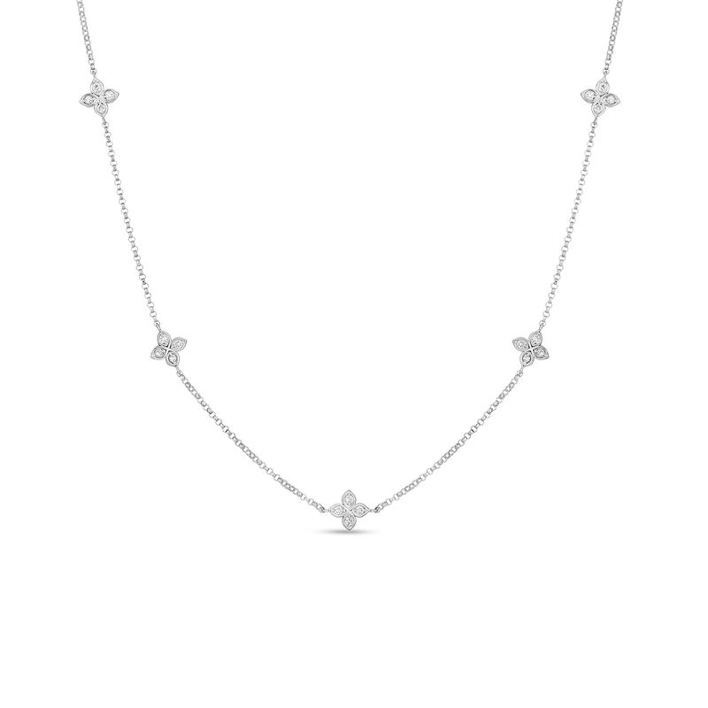 18K White Gold Love in Verona 5 Station Diamond Flower Necklace