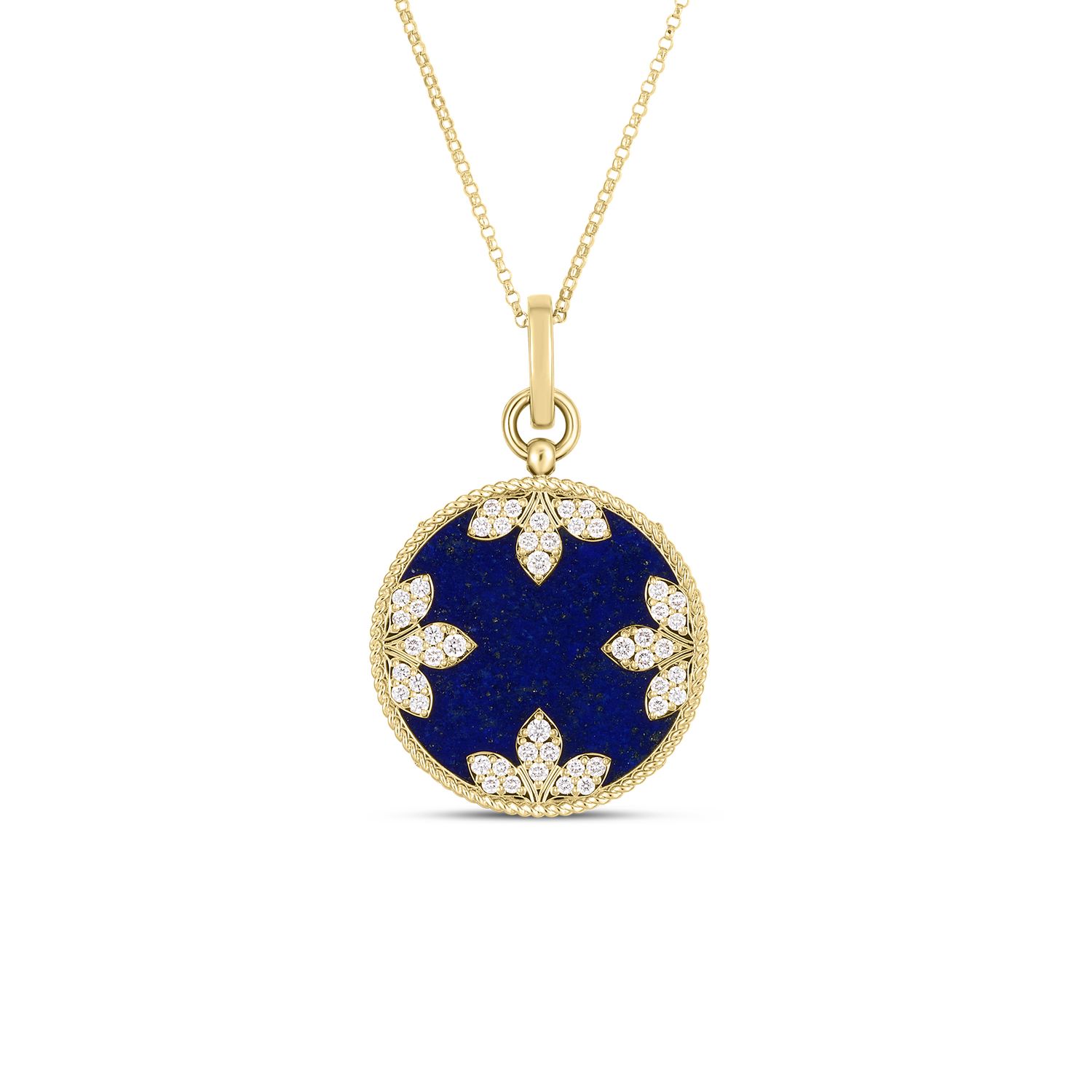 18K Yellow Gold Venetian Medallions Large Diamond And Lapis Necklace