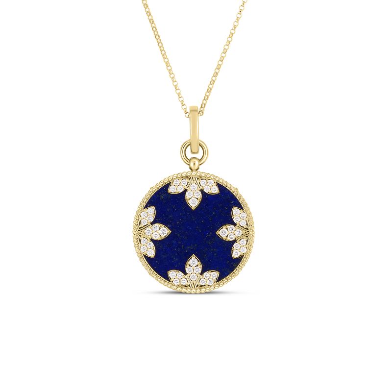 18K Yellow Gold Venetian Medallions Large Diamond And Lapis Necklace