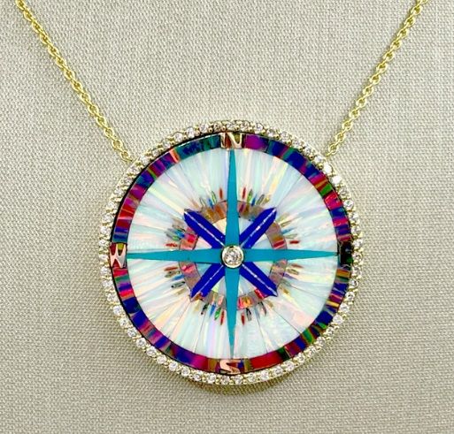 14K Yellow Gold Compass with Diamond Bezel Necklace