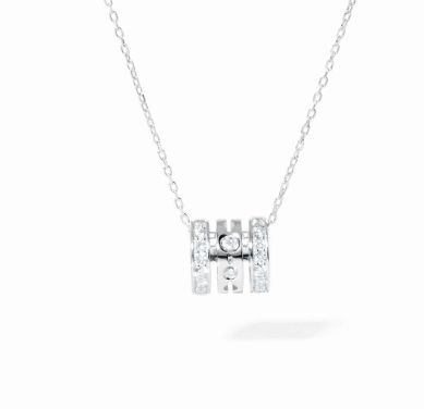 18K White Gold Pulse Pave 3 Rows Diamond Pendant On Chain Necklace