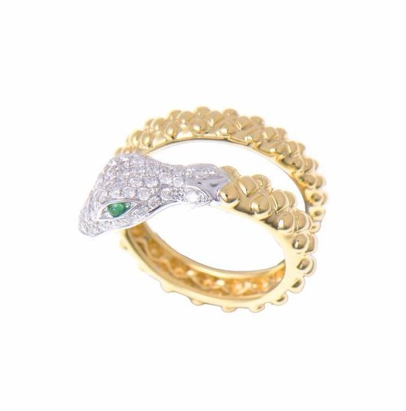 18K Yellow Gold .43Ct Round Pave Diamond with Emerald Eyes Snake Ring