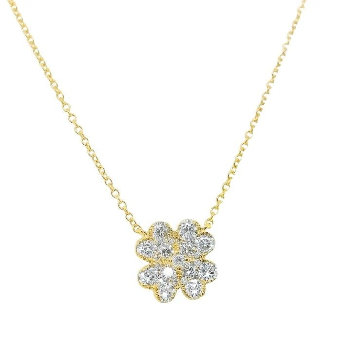 18K Yellow Gold Diamond Clover Pendant Necklace 0.68Ct