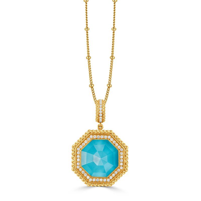 18K Yellow Gold Clear Cut Quartz over Turquoise Justinian Pendant Necklace