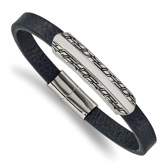 Chisel Stainless Steel Antiqued &amp; Polish Navy Blue Leather Bracelet