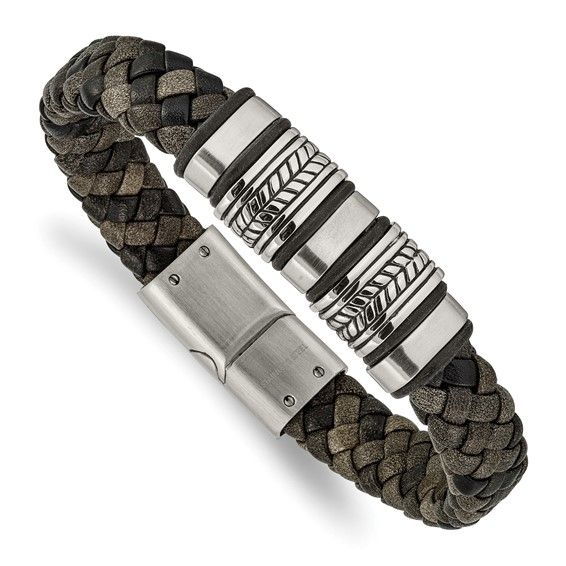 Chisel Stainless Steel Antiqued &amp; Brushed &amp; Polished Leather  Bracelet