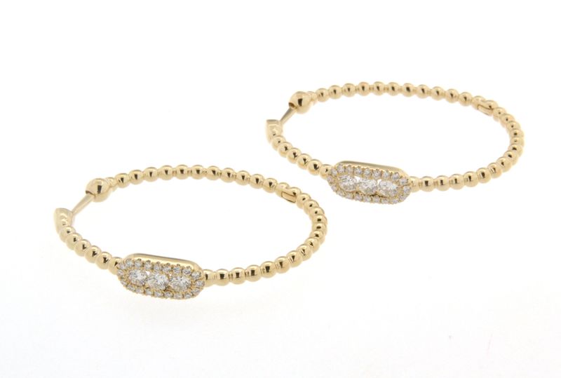 18K Yellow Gold Pave Around 3 Diamond Beaded Oval Hoops
