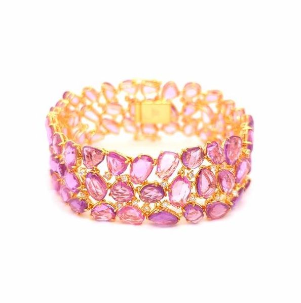 18K Yellow Gold 58.85Ct Pink Sapphire with 0.95Ct Round Diamond Bracelet