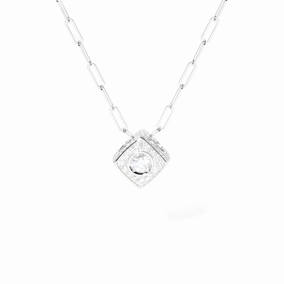 dinh van Le Cube Diamant XL 18K White Gold Pave Diamond Pendant on Paperclip Chain