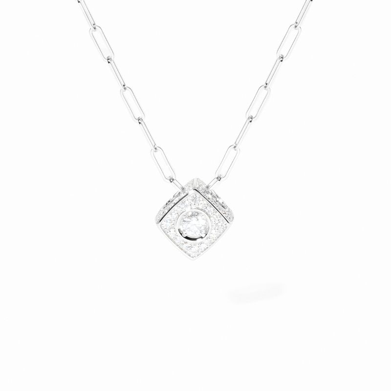 dinh van Le Cube Diamant XL 18K White Gold Pave Diamond Pendant on Paperclip Chain