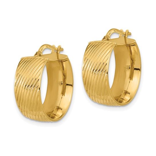 14KY Polished and Textured Hinged Hoop Earrings