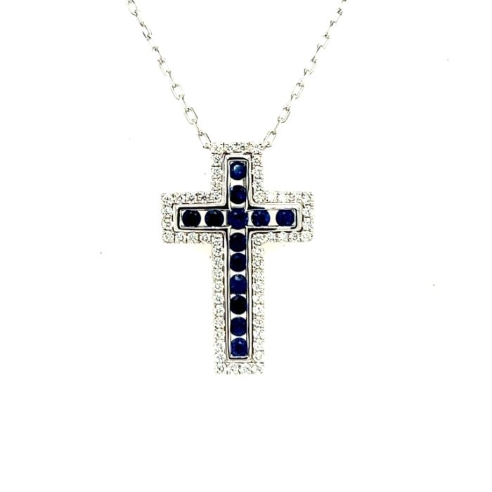 18K White Gold .56Ct Sapphire and .69Ct Diamond Double Cross