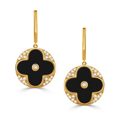 18K Yellow Gold Black Onyx and Diamonds Clover Earrings