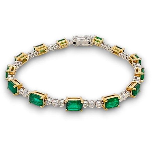 18K Yellow &amp; White Gold 5.72ctw Emeralds and 0.79ctw Round Diamond Bracelet