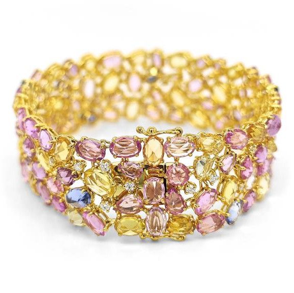 18K Yellow Gold 49.19ctw Multi-Color Sapphire and 1.03ctw Diamond Bracelet