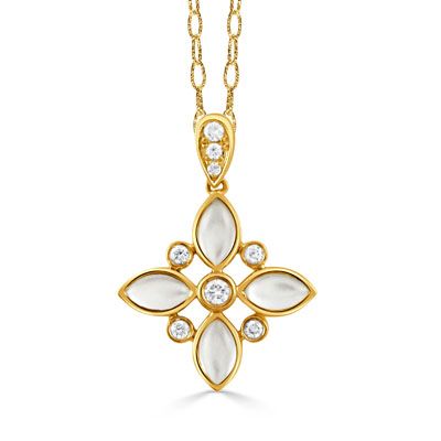 18KY Marquise White Mother of Pearl Diamond Pendant Necklace