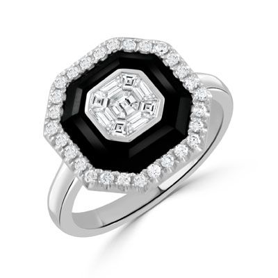 18K White Mondrian Black Onyx and Diamond Invisible Set Ring