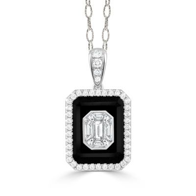 18K White Gold Mondrian Black Onyx/Diamond Pendant and Chain
