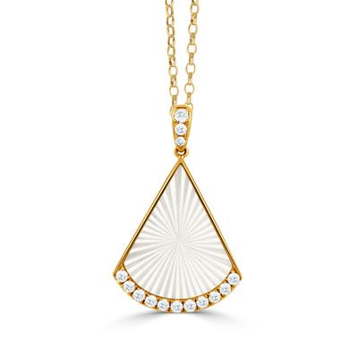 18K Yellow Ondelle Carved White Mother of Pearl Fan Necklace