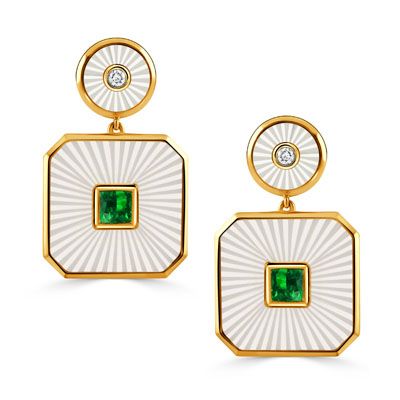 18K Yellow Ondelle 0.07ctw Diamond Carved 4.76ctw White Mother of Pearl  0.47ctw Tsavorite Center Stone Earrings