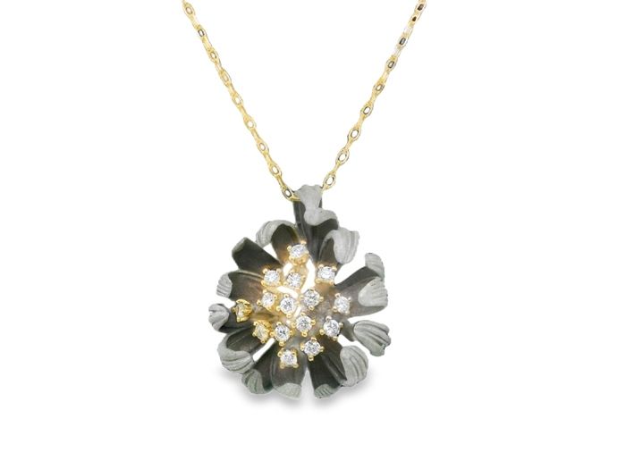 18K Yellow Gold Diamond Silver Mum Flower Necklace