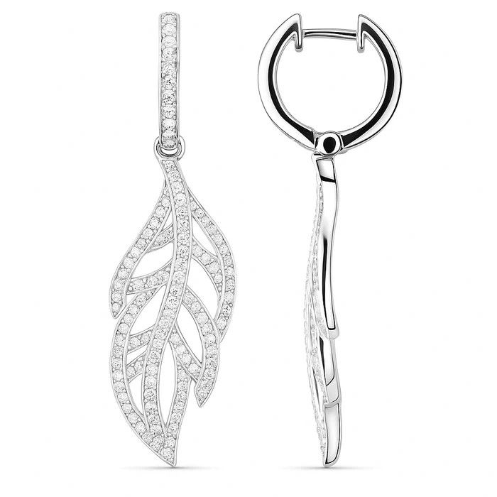 18K White Gold Diamond Leaf Drop Earrings