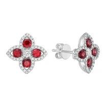 18K White Gold 0.72Ct Ruby and .28Ct Diamond Flower Stud Earrings
