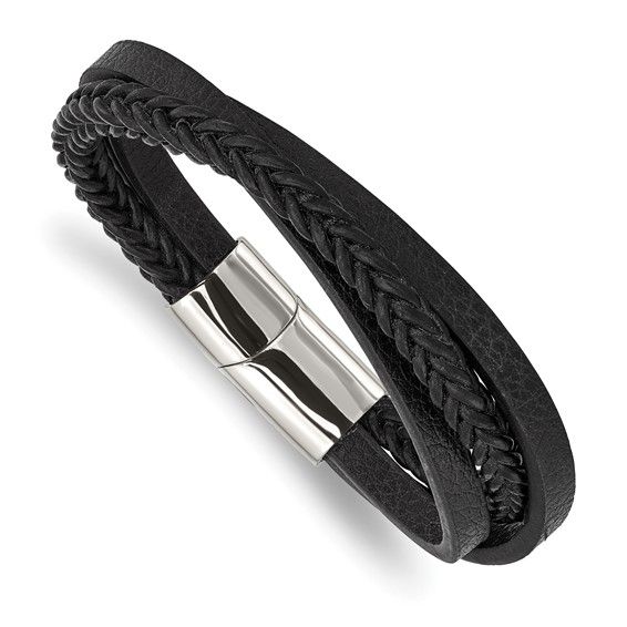 Chisel Stainless Steel Polished Multi-Strand Black Braided Leather Bracelet