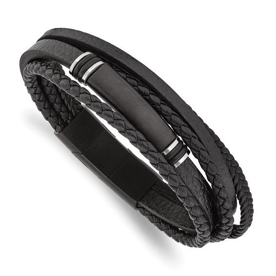 Chisel Stainless Steel Brushed Black IP Plated Multi-Strand Black Polyurethane Leather ID Bracelet