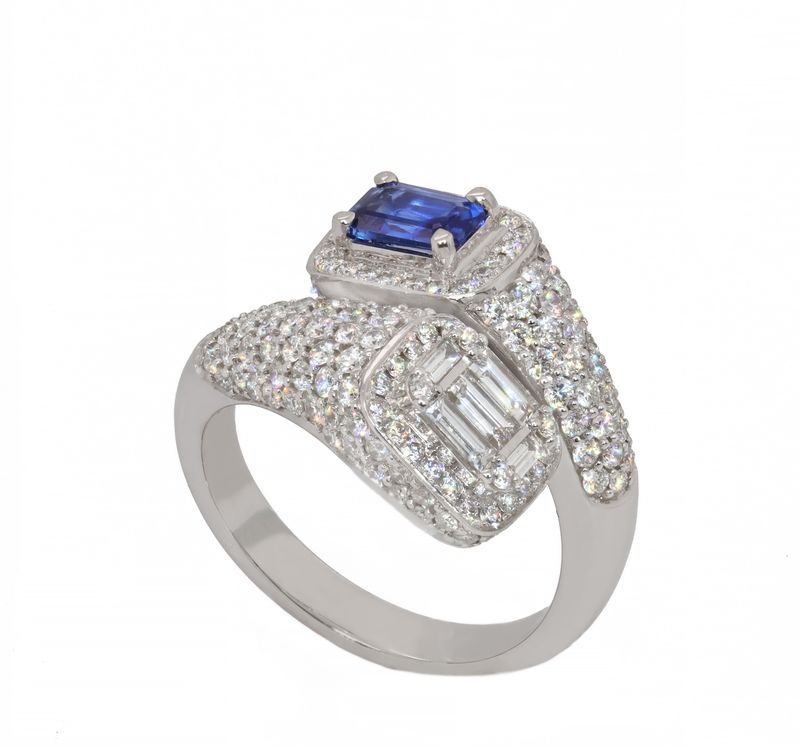 14K White Gold Diamond and Sapphire Pass by Ring