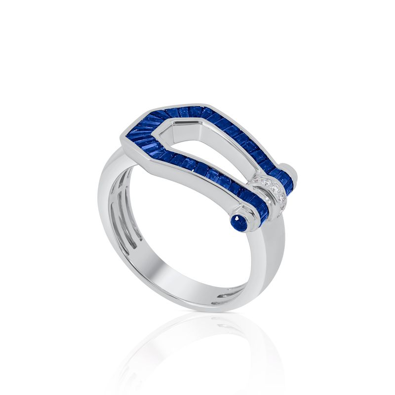 14K White Gold Sapphire and Diamond Buckle Shape Ring