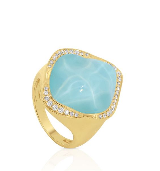 14K Yellow Gold White Topaz, Turquoise &amp; Diamond Ring
