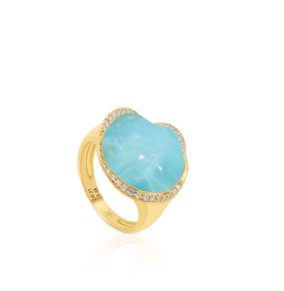 14K Yellow Gold White Topaz with Turquoise and Diamond Ring