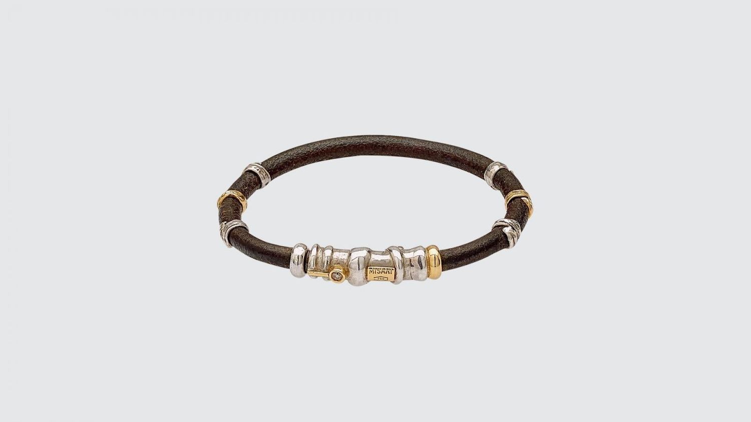 5 mm Leather Bracelet Handmade Gold and Silver Element &amp; Brown Diamond