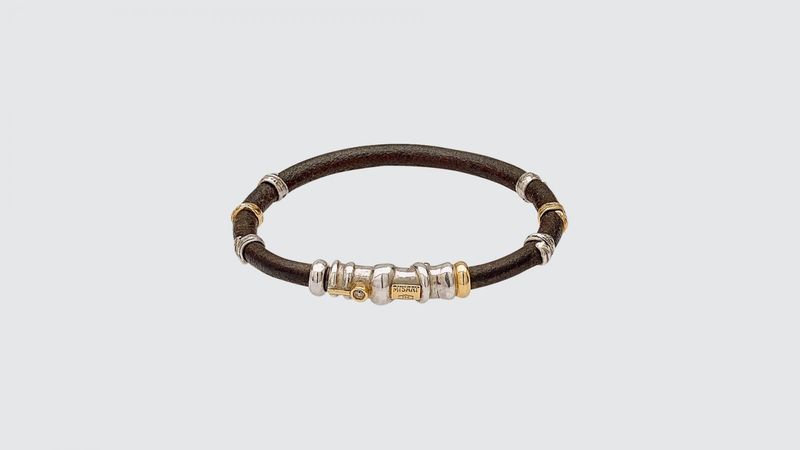 5 mm Leather Bracelet Handmade Gold and Silver Element &amp; Brown Diamond