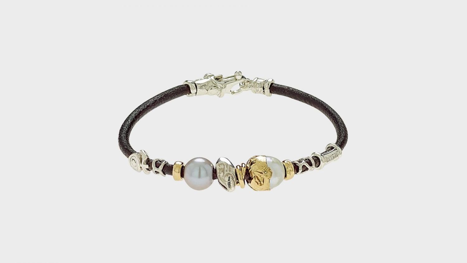 3mm Leather Bracelet with Handmade Gold and Silver Elements,  Freshwater Pearls