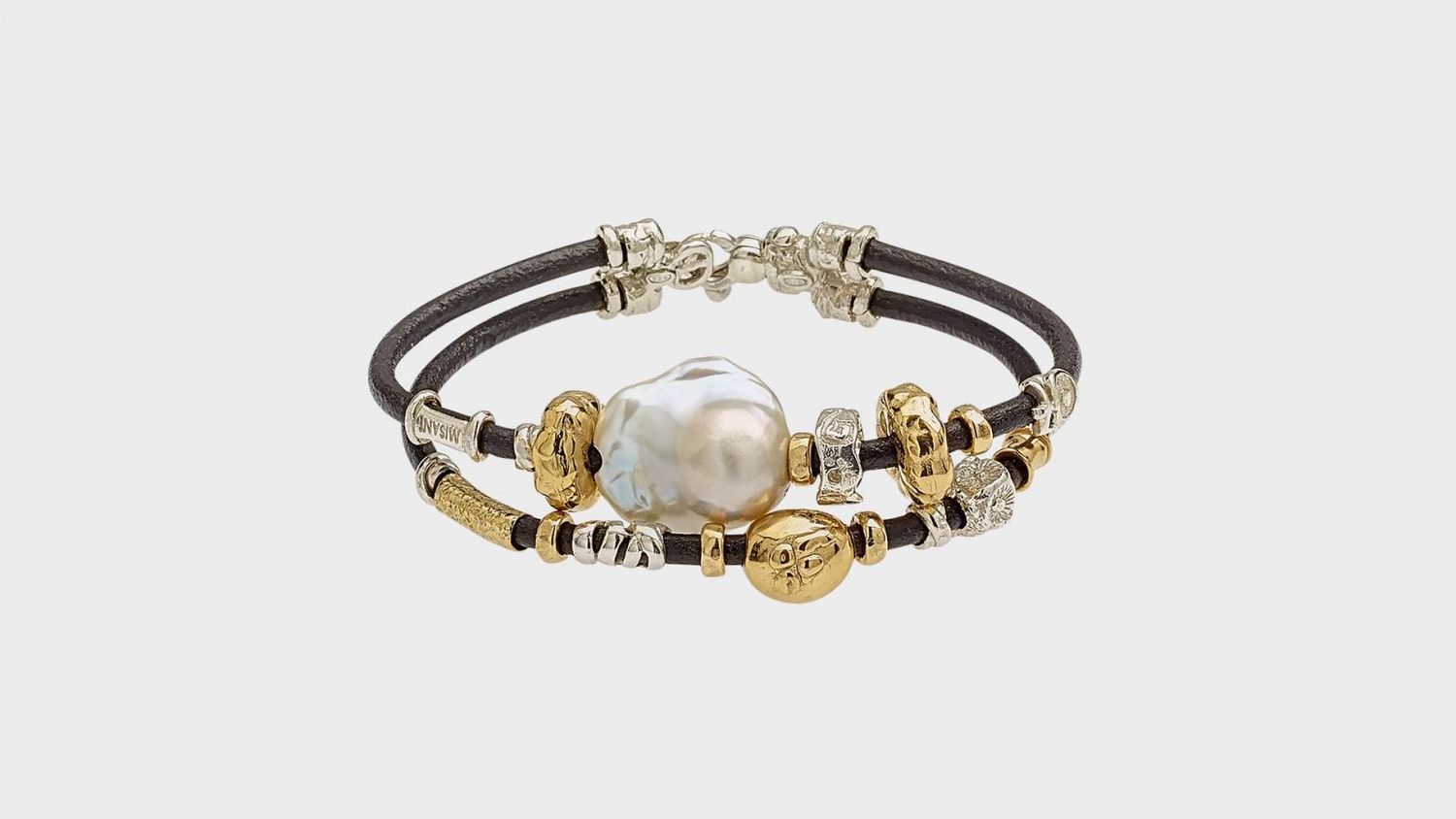 3mm Double Leather Bracelet  Handmade Gold and Silver Elements &amp;  Baroque Pearl