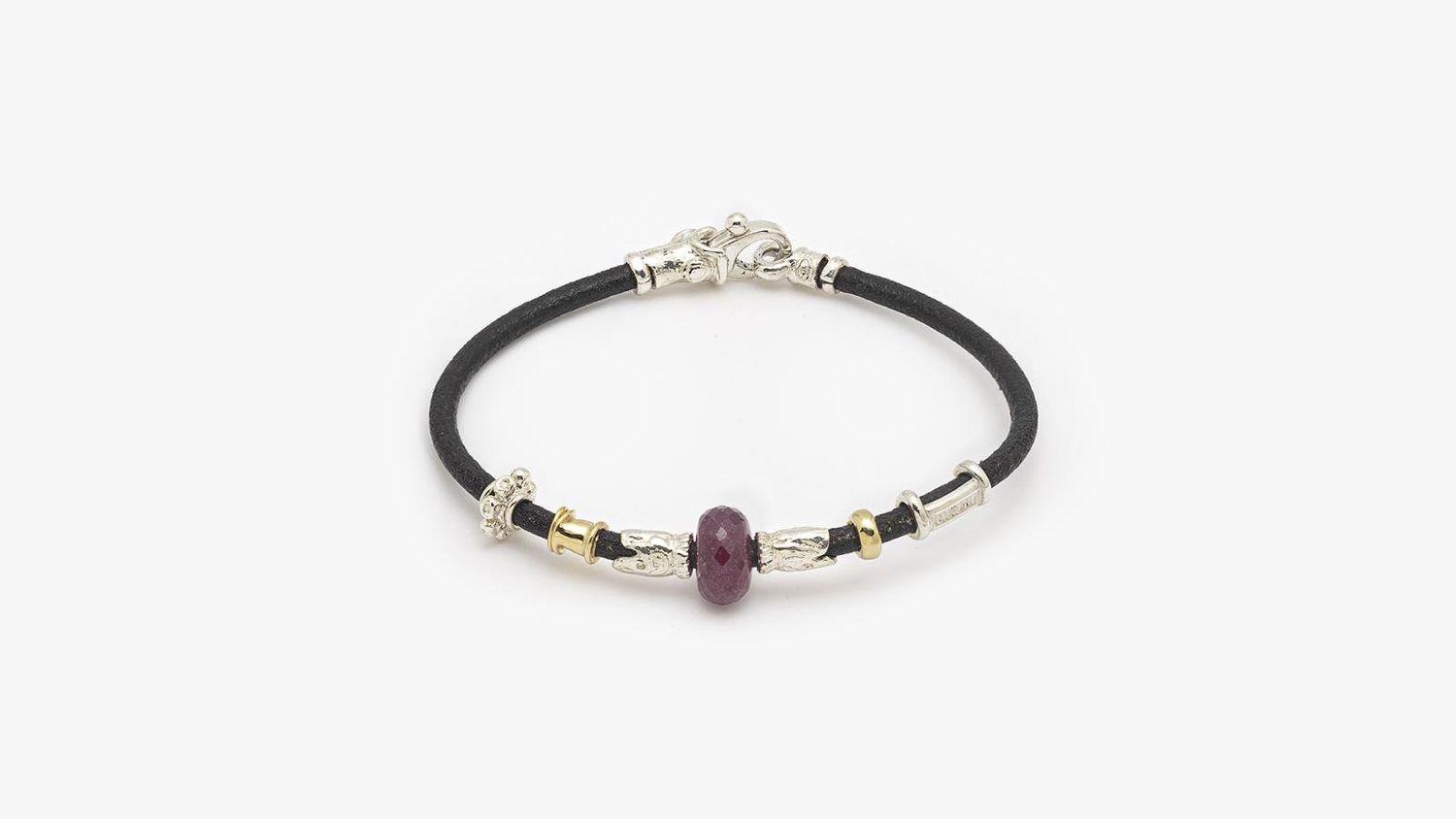 3mm Leather Bracelet with Gold and Silver Elements and Ruby