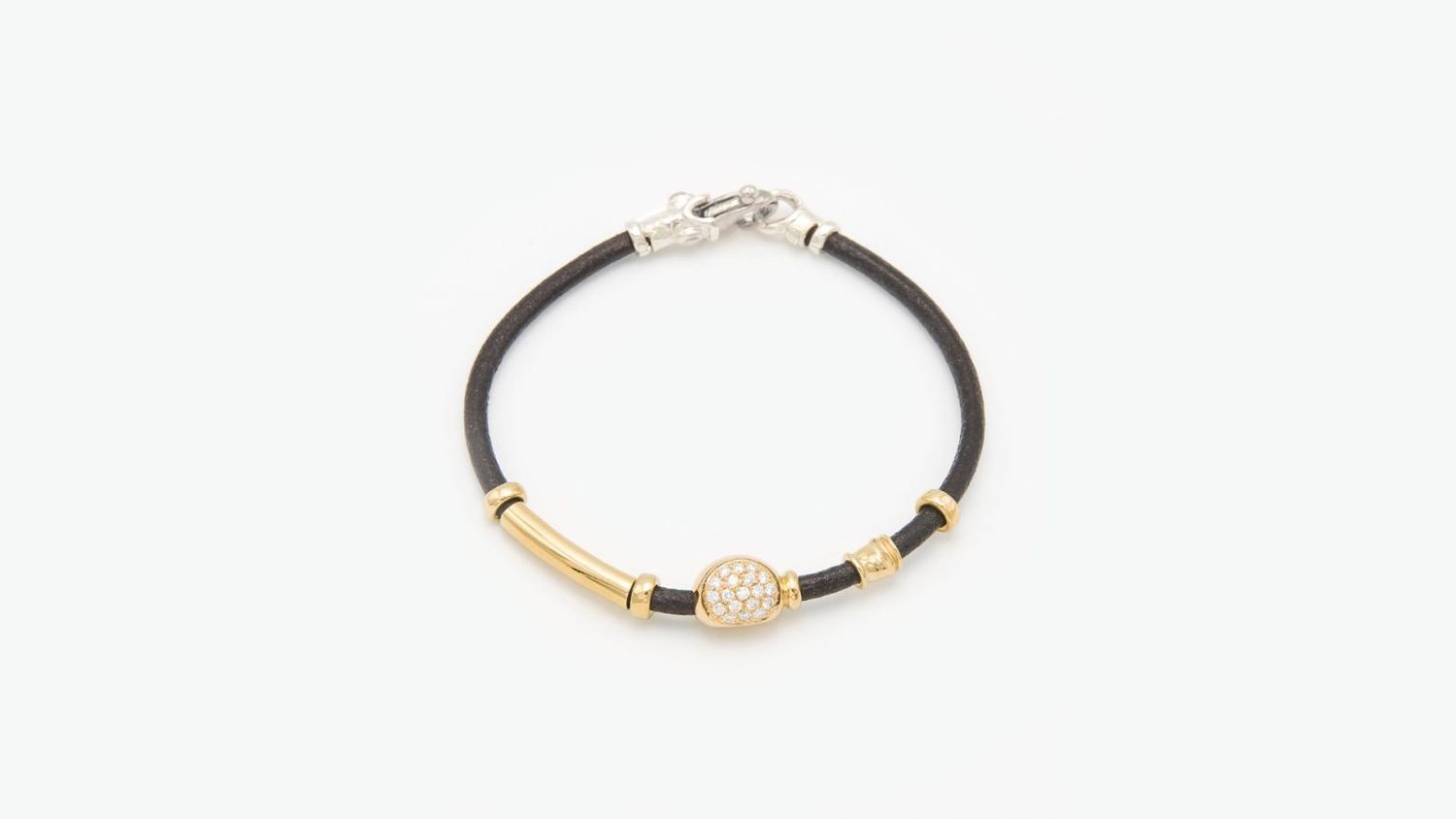 3mm Leather Bracelet 18K Gold and Silver Elements w Pavé of White Diamond Nugget