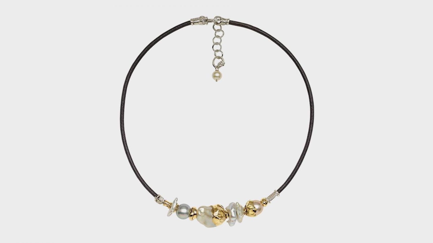3mm Leather Necklace with Handmade Gold and Silver Elements, Crinkle Sheets &amp; Freshwater Pearl