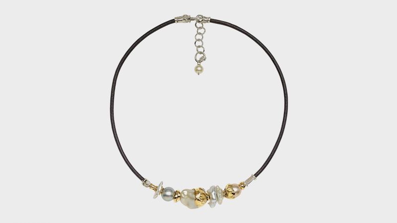 3mm Leather Necklace with Handmade Gold and Silver Elements, Crinkle Sheets &amp; Freshwater Pearl