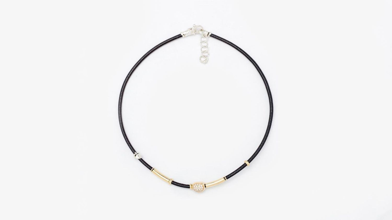 3mm Lth Necklace w 18kt Gold and Silver Elements w Pavé of White Diamonds on Nugget