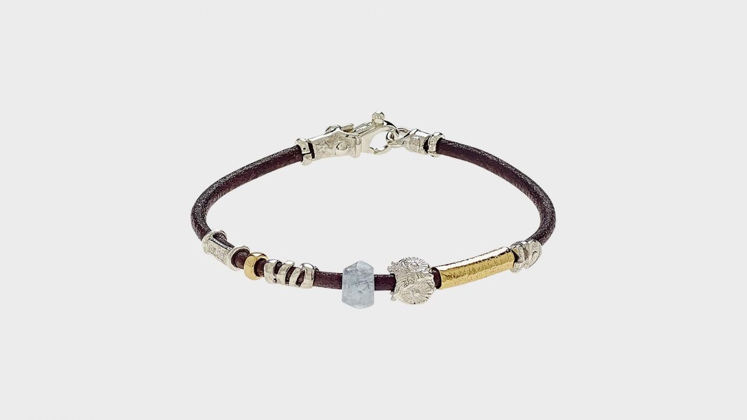 3mm Leather Bracelet with Gold and Silver Elements and Aquamarine