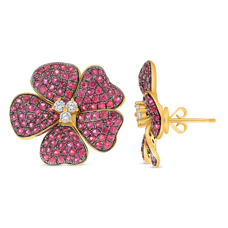 14KY 2.75 CTW RUBY AND 0.22 CTW DIAMOND FLOWER STUD EARRINGS