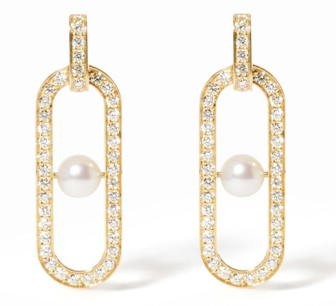 18k Yellow Gold Maillon Akoya and Diamond Earrings 