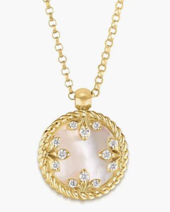 18k Yellow Gold 12mm Diamond Mother of Pearl Venetian Medallion Necklace