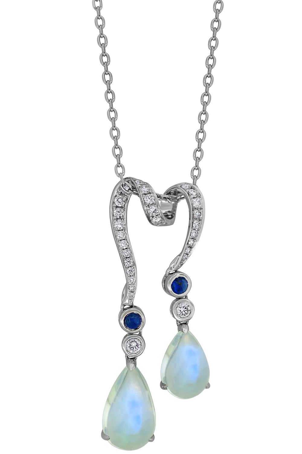 18KW 6.06ct Moonstone, 0.39ct Dia, 0.22 Saph Necklace 